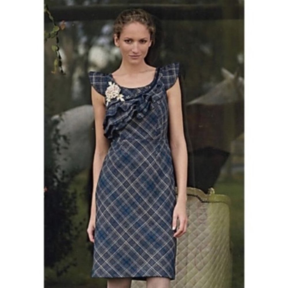 Anthropologie Navy Plaid Ruffled Midi Dress
